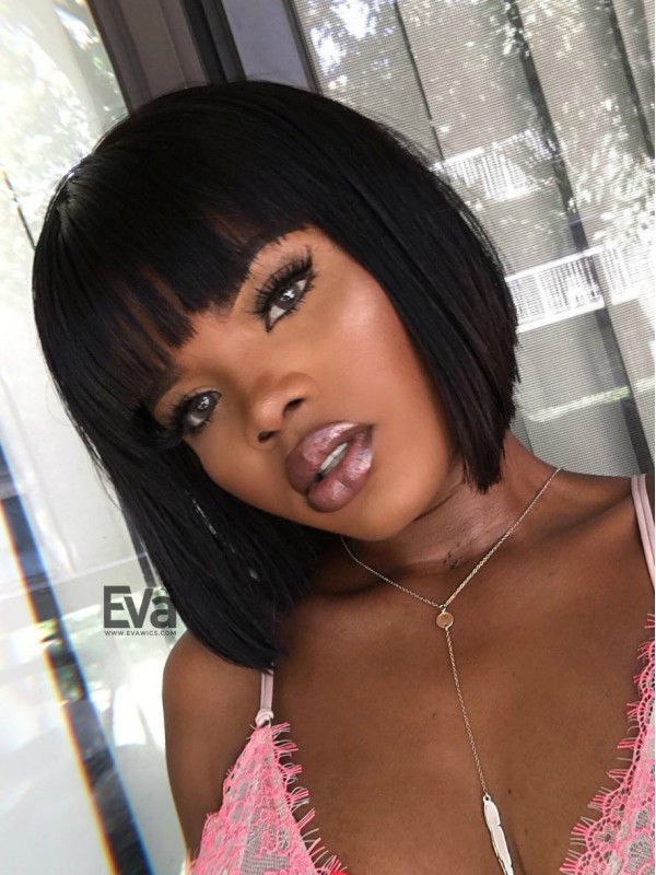 Inverted Cut Bob with Full Fringe Bangs Virgin Human Hair ...